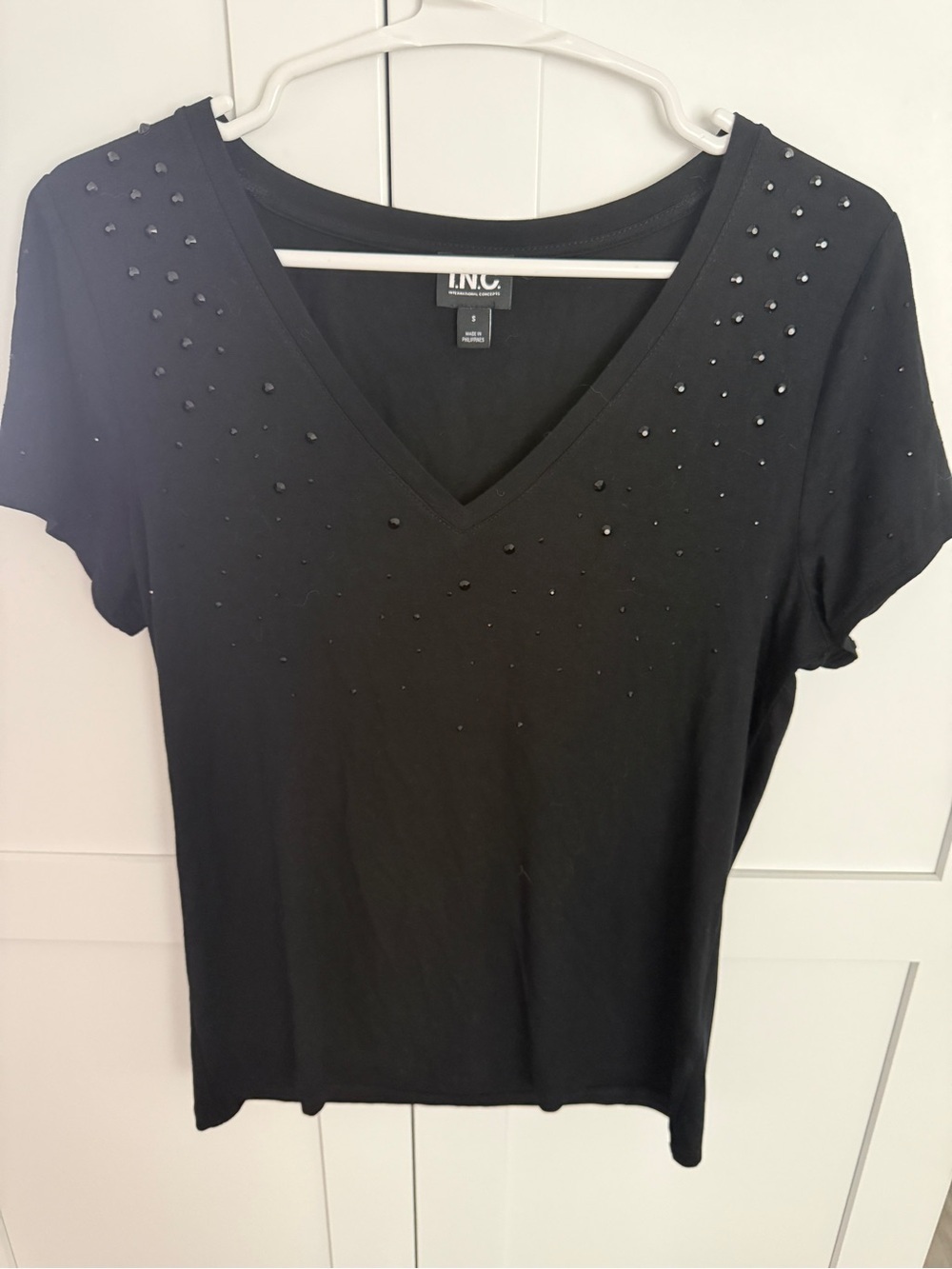 INC International Concepts Black V-Neck Embellished Short Sleeve Top size small